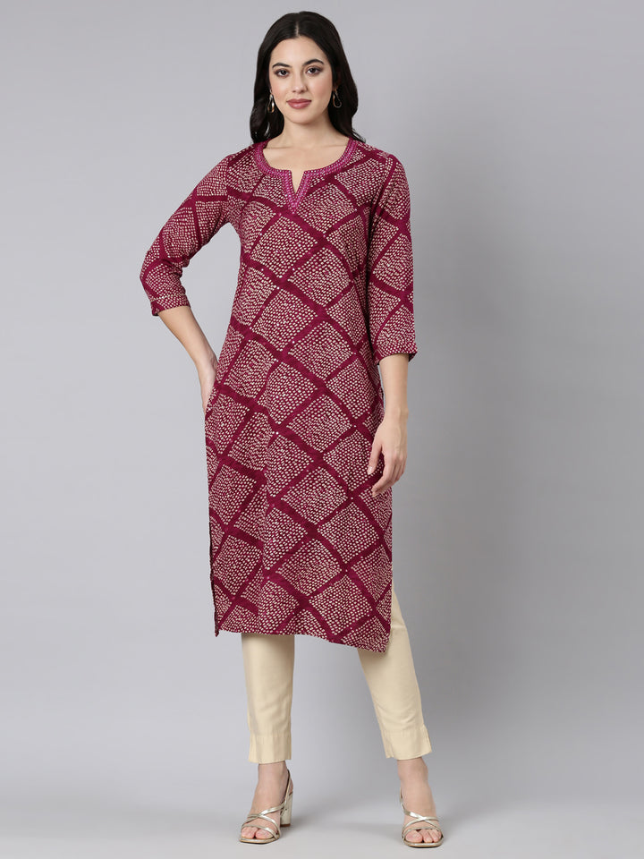 Neerus Purple bandhani printed straight kurti - front view