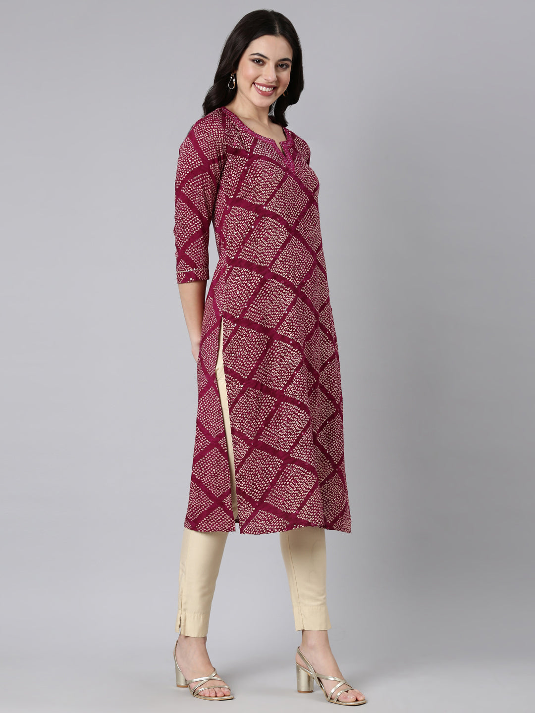 Neerus Purple bandhani printed straight kurti - back view