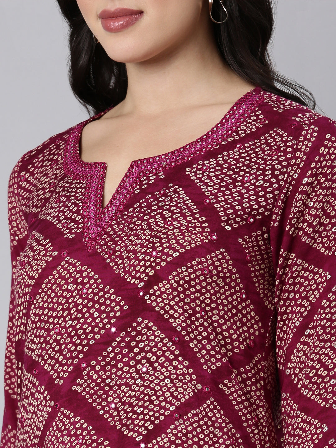 Neerus Purple bandhani printed straight kurti - detail view 2