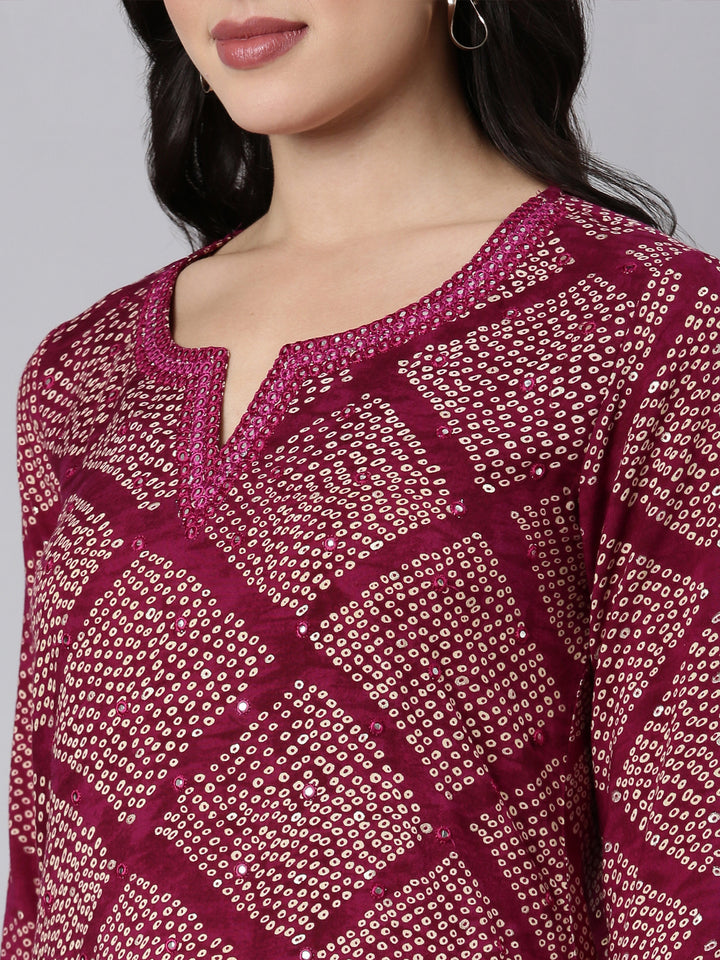 Neerus Purple bandhani printed straight kurti - detail view 2