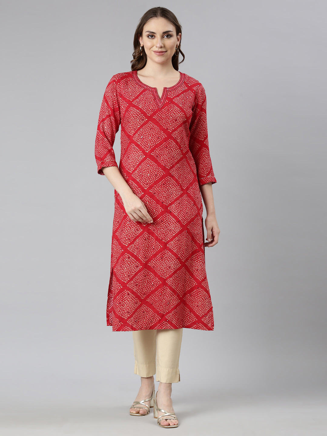 Neerus Red Bandhani printed straight kurti - detail view 3