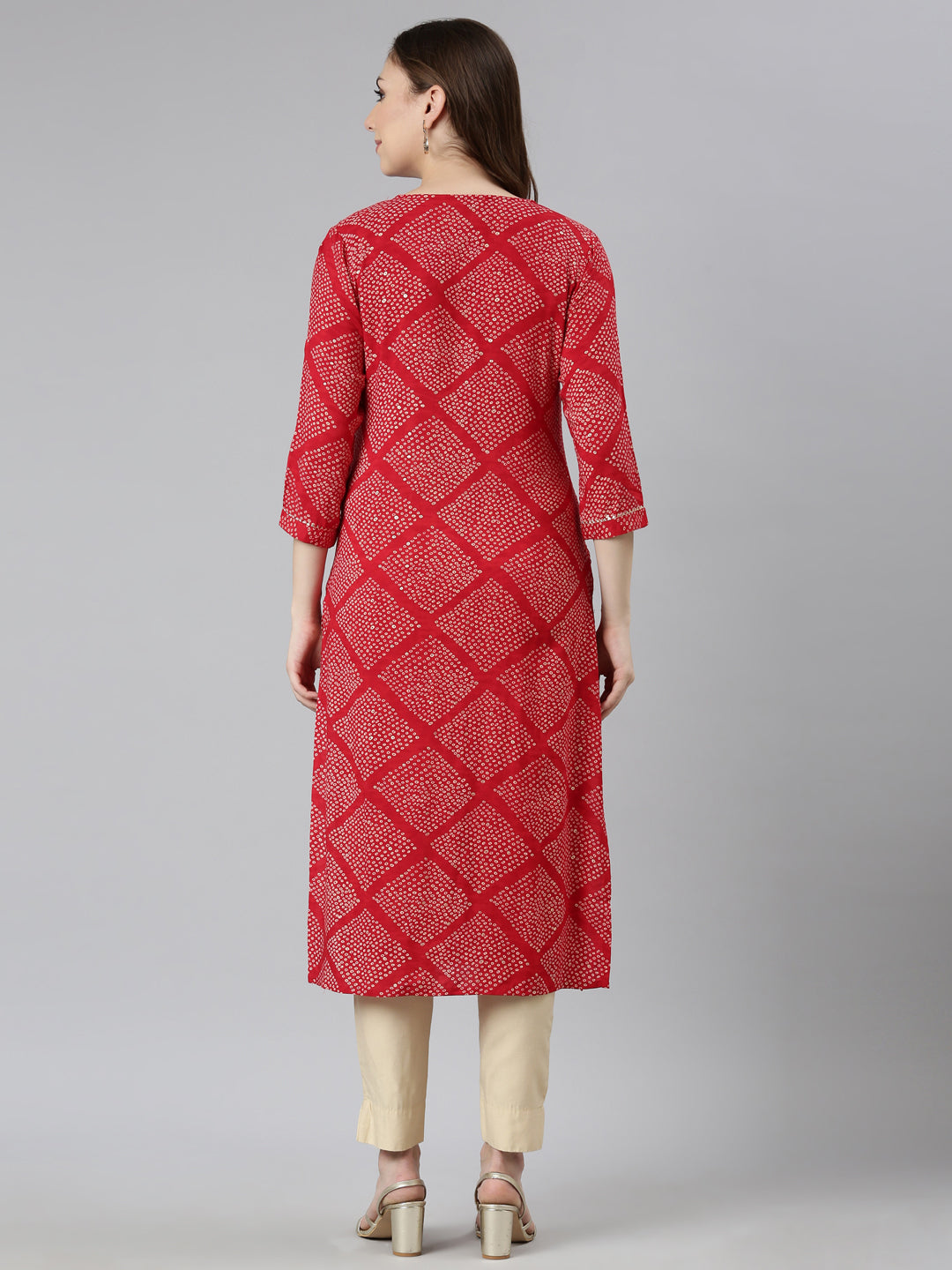 Neerus Red Bandhani printed straight kurti - side view