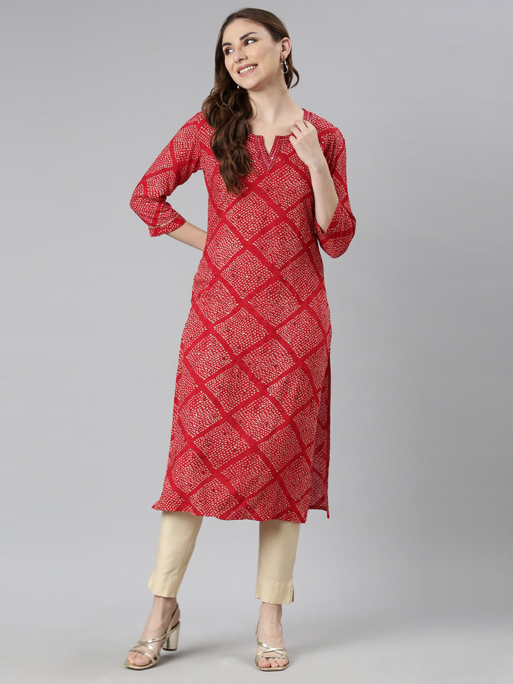 Neerus Red Bandhani printed straight kurti - detail view 1