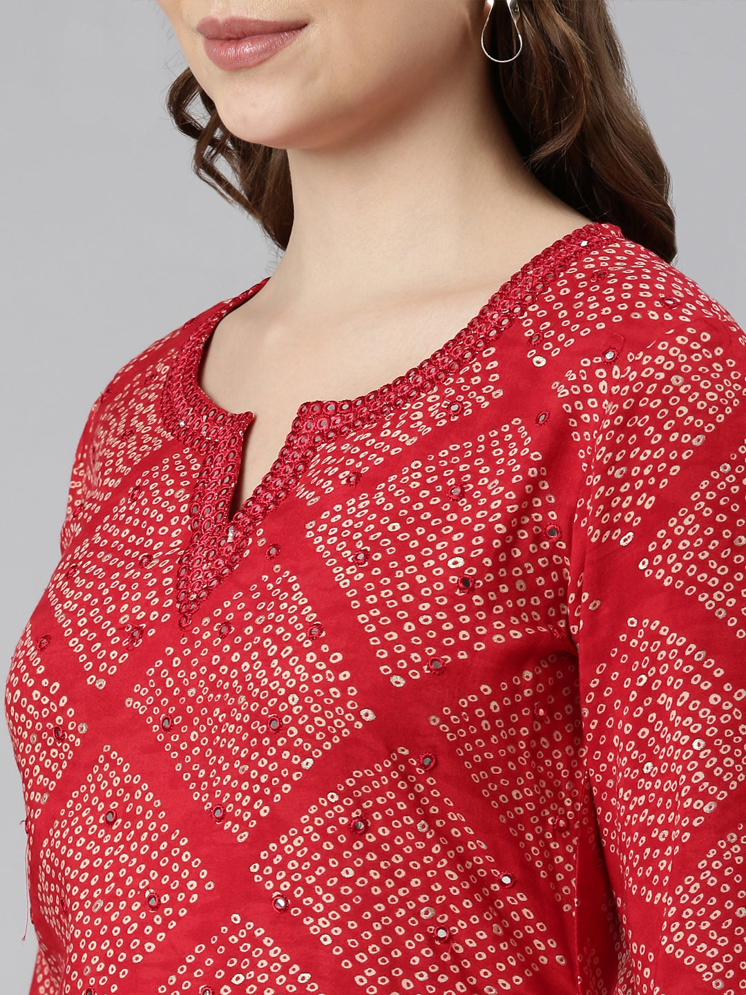 Neerus Red Bandhani printed straight kurti - detail view 2