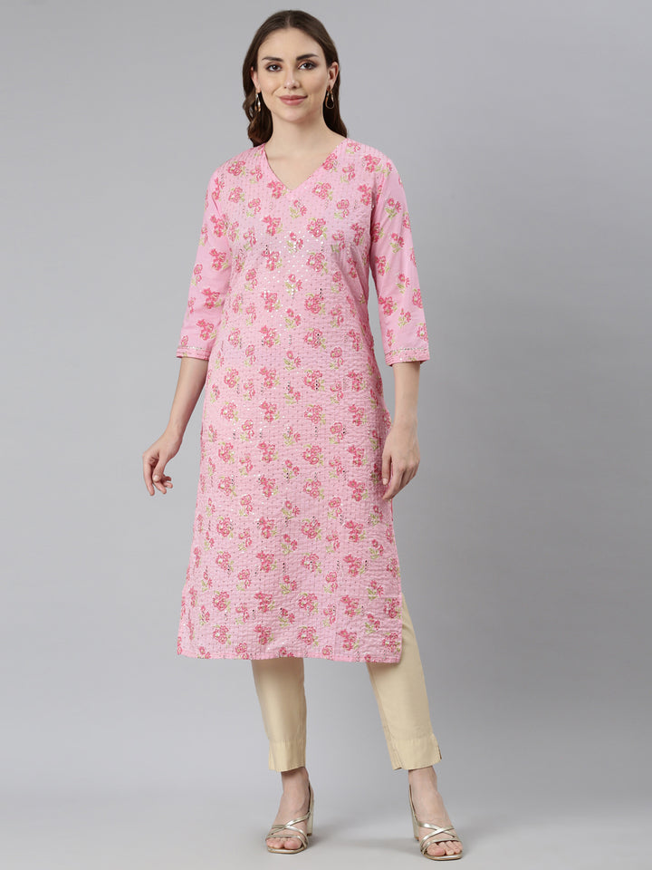 Neerus Pink floral printed straight panelled kurti - front view