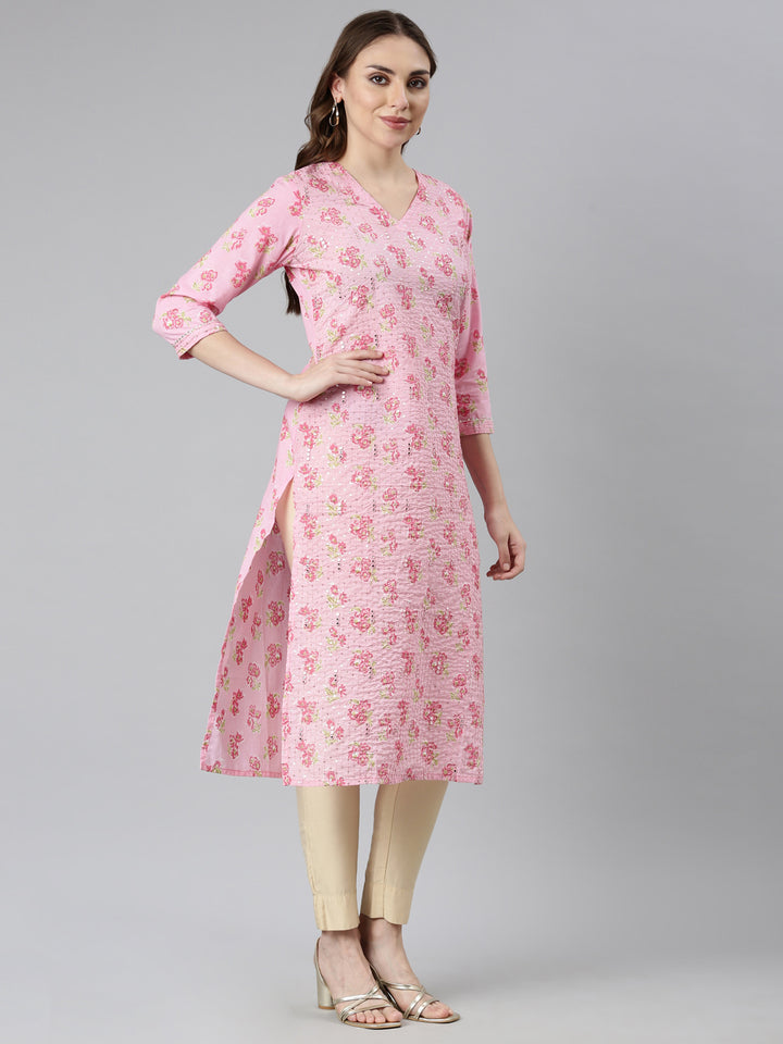 Neerus Pink floral printed straight panelled kurti - back view