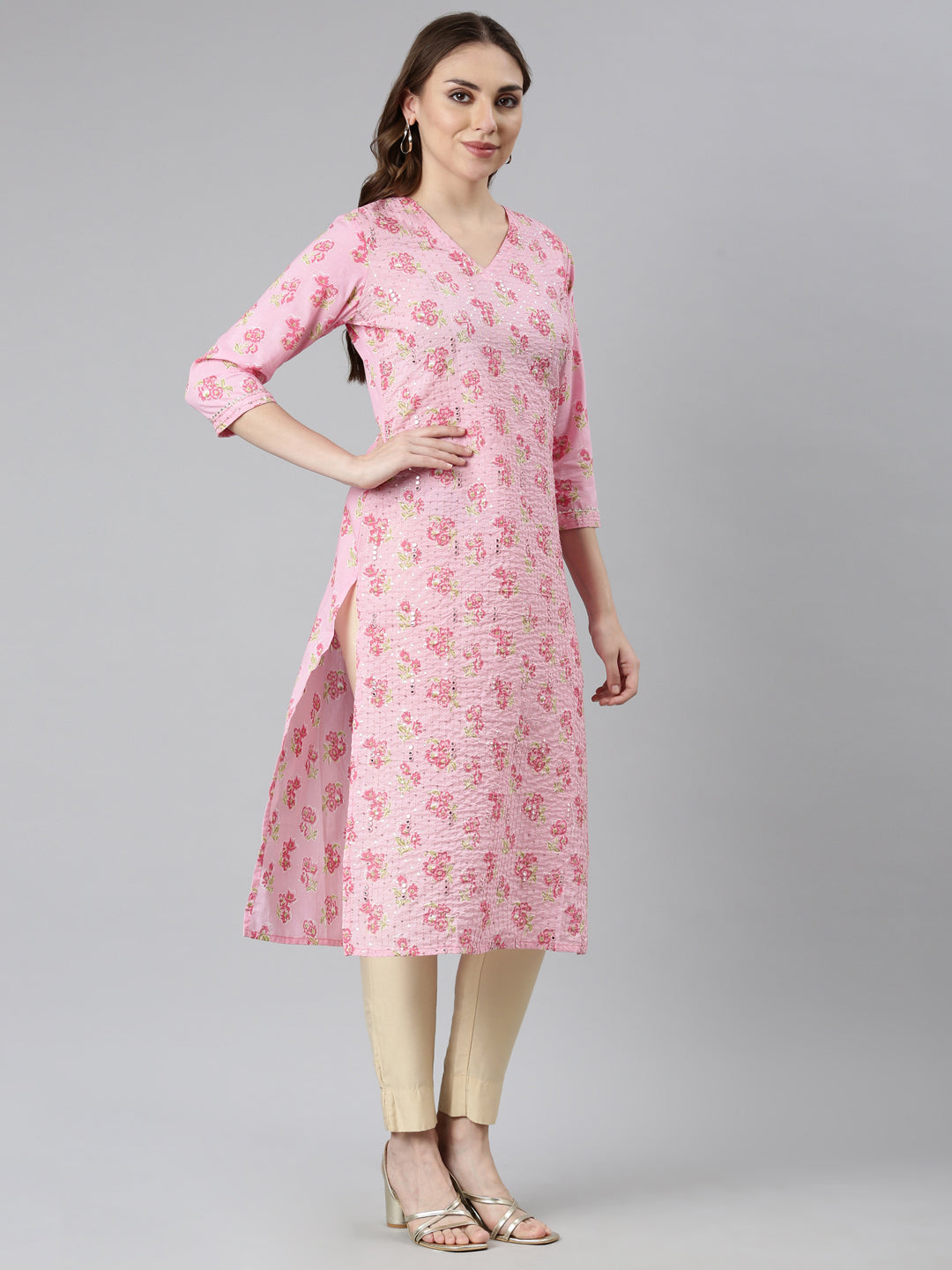 Neerus Pink Panelled Straight Floral Kurtas