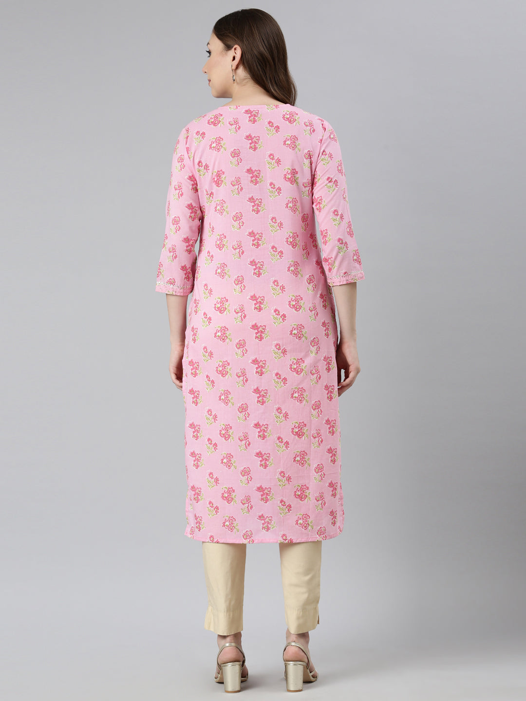 Neerus Pink floral printed straight panelled kurti - side view