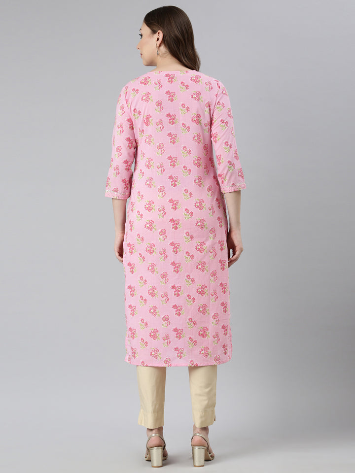 Neerus Pink floral printed straight panelled kurti - side view