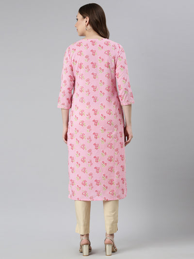 Neerus Pink Panelled Straight Floral Kurtas
