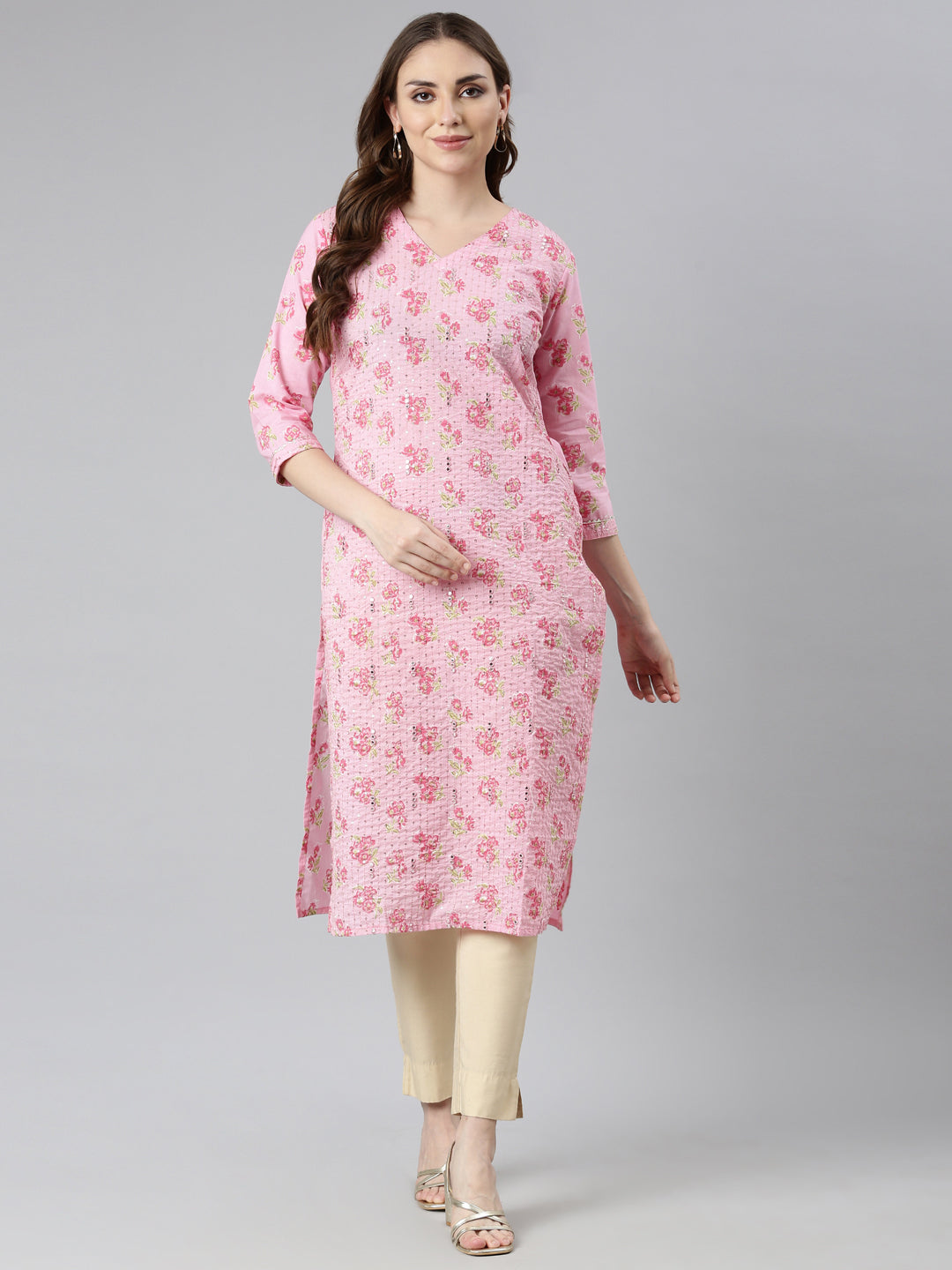 Neerus Pink floral printed straight panelled kurti - detail view 1