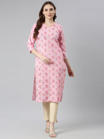 Neerus Pink Panelled Straight Floral Kurtas