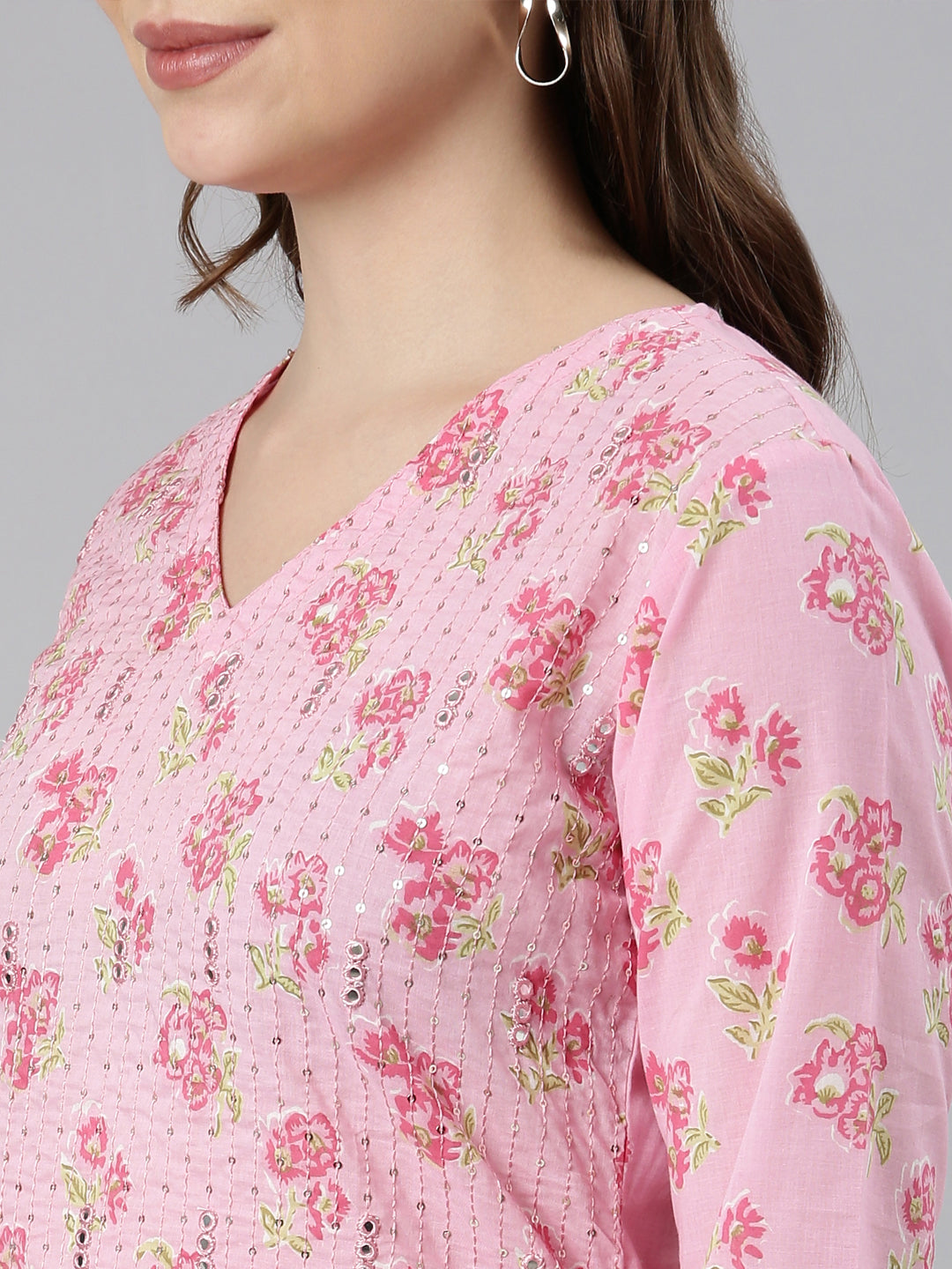 Neerus Pink floral printed straight panelled kurti - detail view 2
