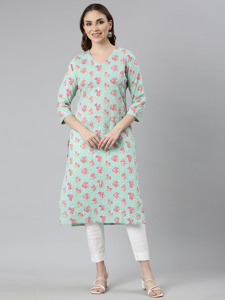 Neerus Sea Green Panelled Straight Floral Kurtas