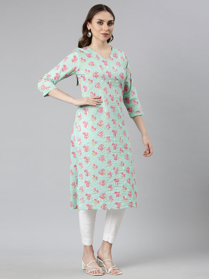 Neerus Sea Green Panelled Straight Floral Kurtas