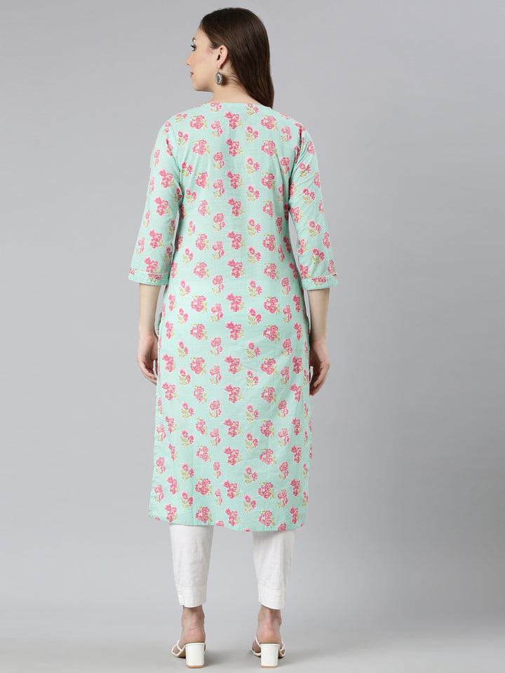 Neerus Sea Green Panelled Straight Floral Kurtas
