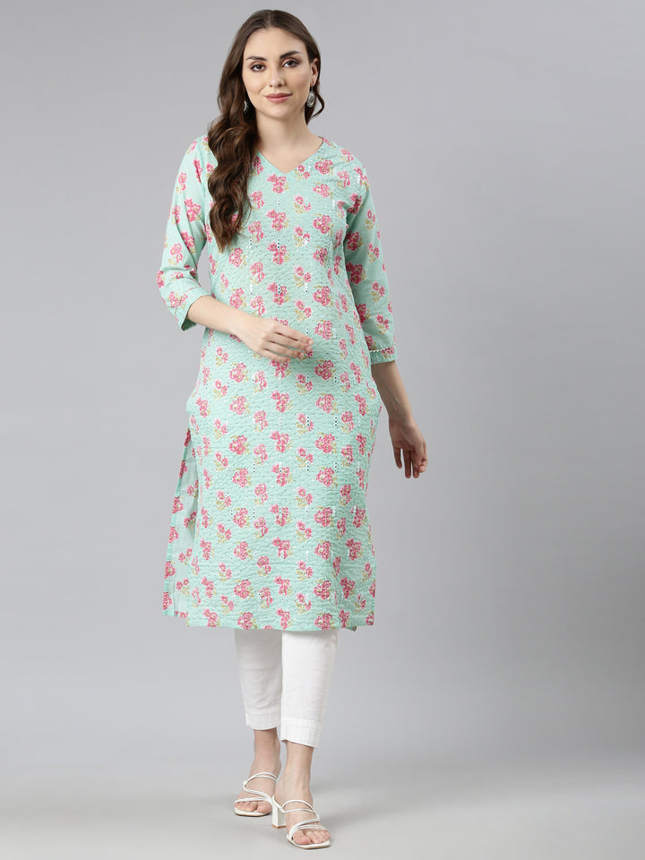Neerus Sea Green Panelled Straight Floral Kurtas