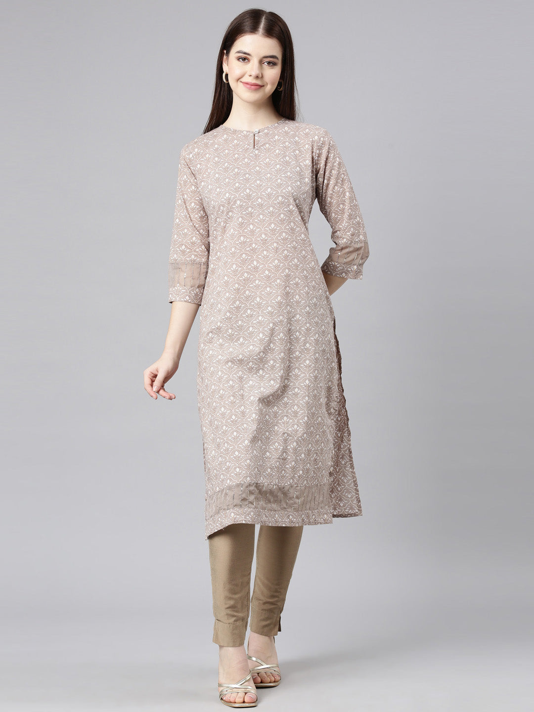 Neerus Brown Straight Casual Floral Straight Kurtas