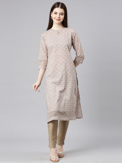 Neerus Brown Straight Casual Floral Straight Kurtas
