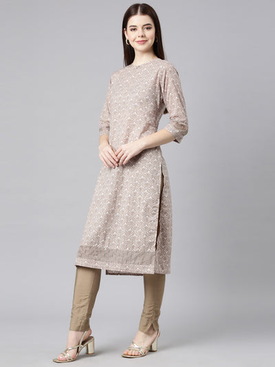 Neerus Brown Straight Casual Floral Straight Kurtas