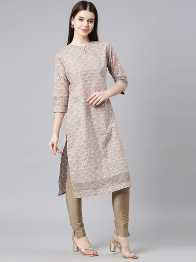 Neerus Brown Straight Casual Floral Straight Kurtas