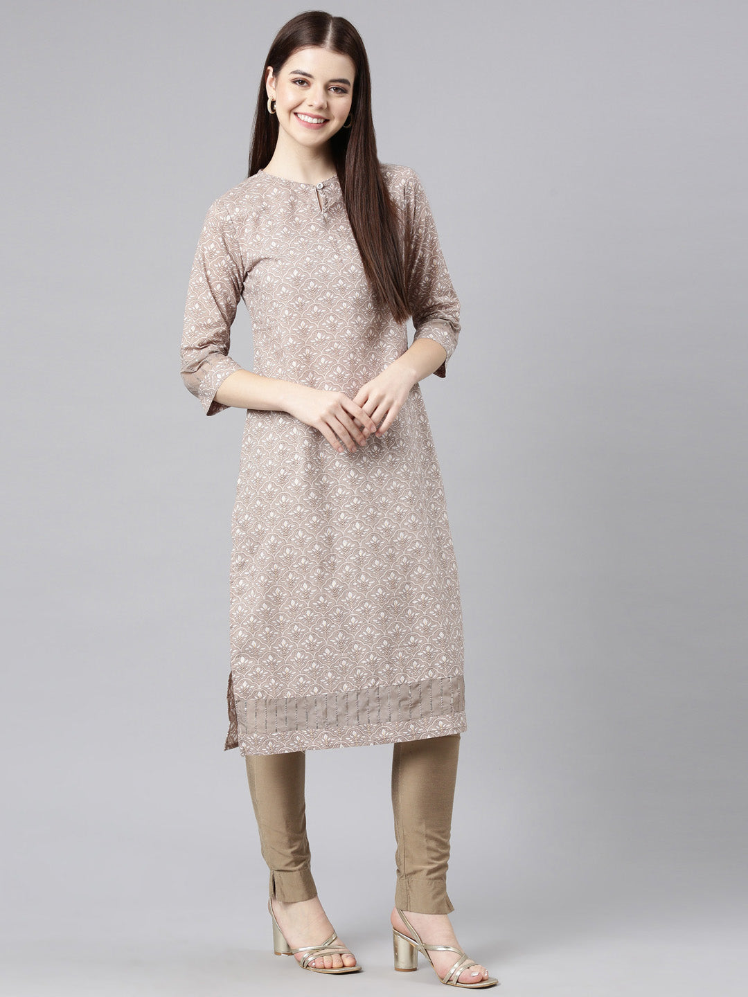 Neerus Brown Straight Casual Floral Straight Kurtas