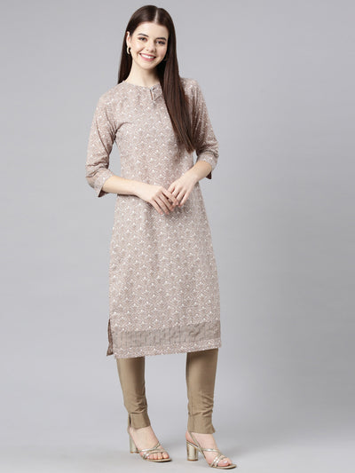 Neerus Brown Straight Casual Floral Straight Kurtas