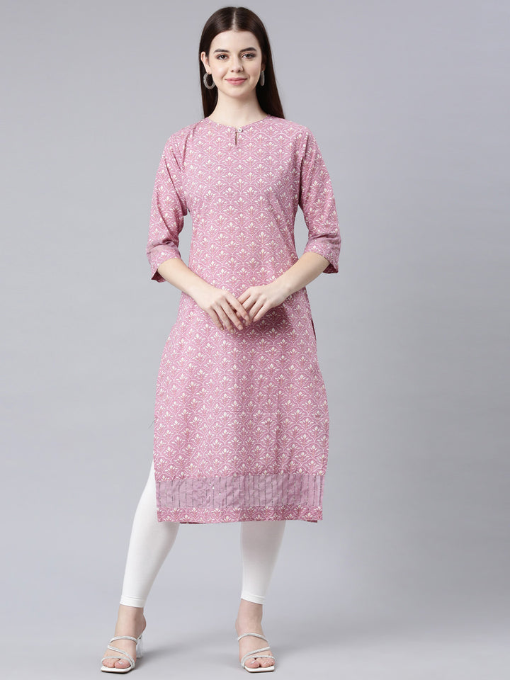Neerus Pink floral printed straight kurta - front view