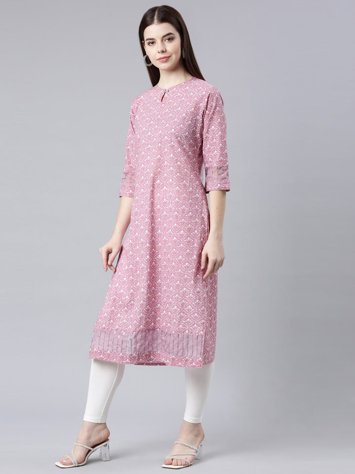 Neerus Pink floral printed straight kurta - back view