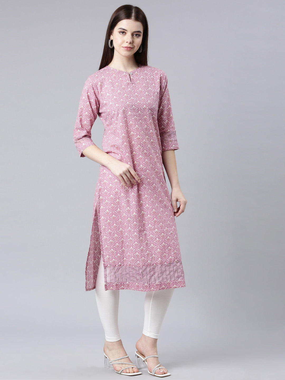 Neerus Pink floral printed straight kurta - side view
