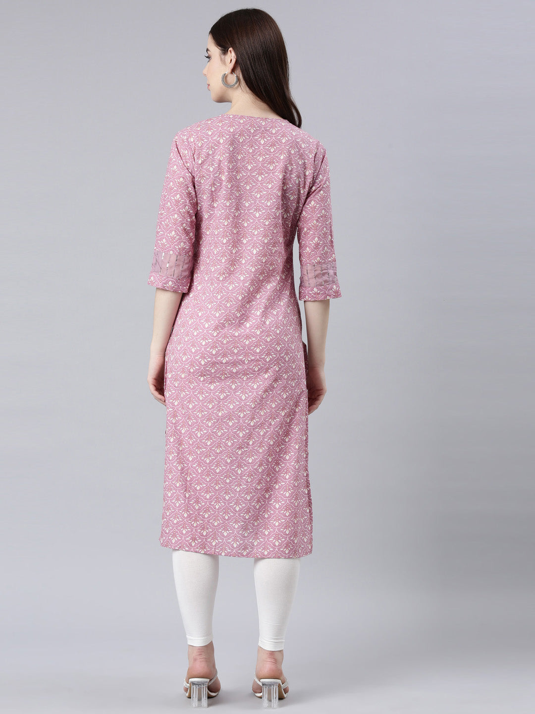 Neerus Pink floral printed straight kurta - detail view 1
