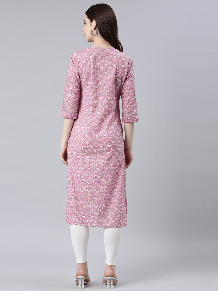 Neerus Pink floral printed straight kurta - detail view 1