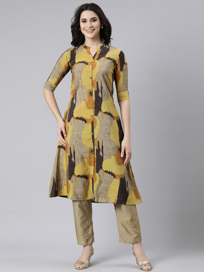 Neerus Mustard Regular Anarkali Colourblocked Kurtas
