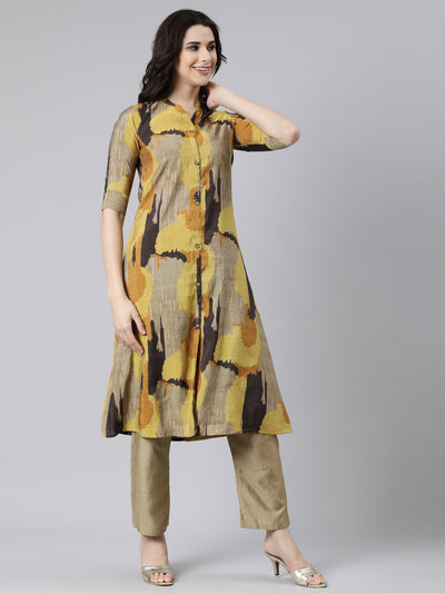 Neerus Mustard Regular Anarkali Colourblocked Kurtas