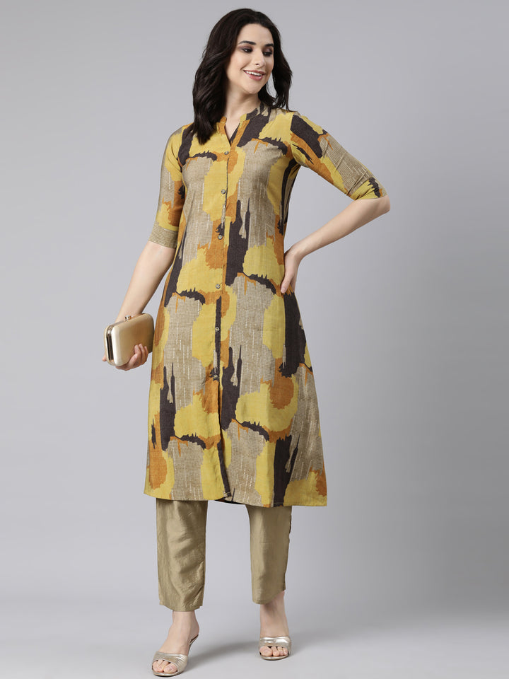 Neerus Yellow cotton printed anarkali kurti - detail view 2