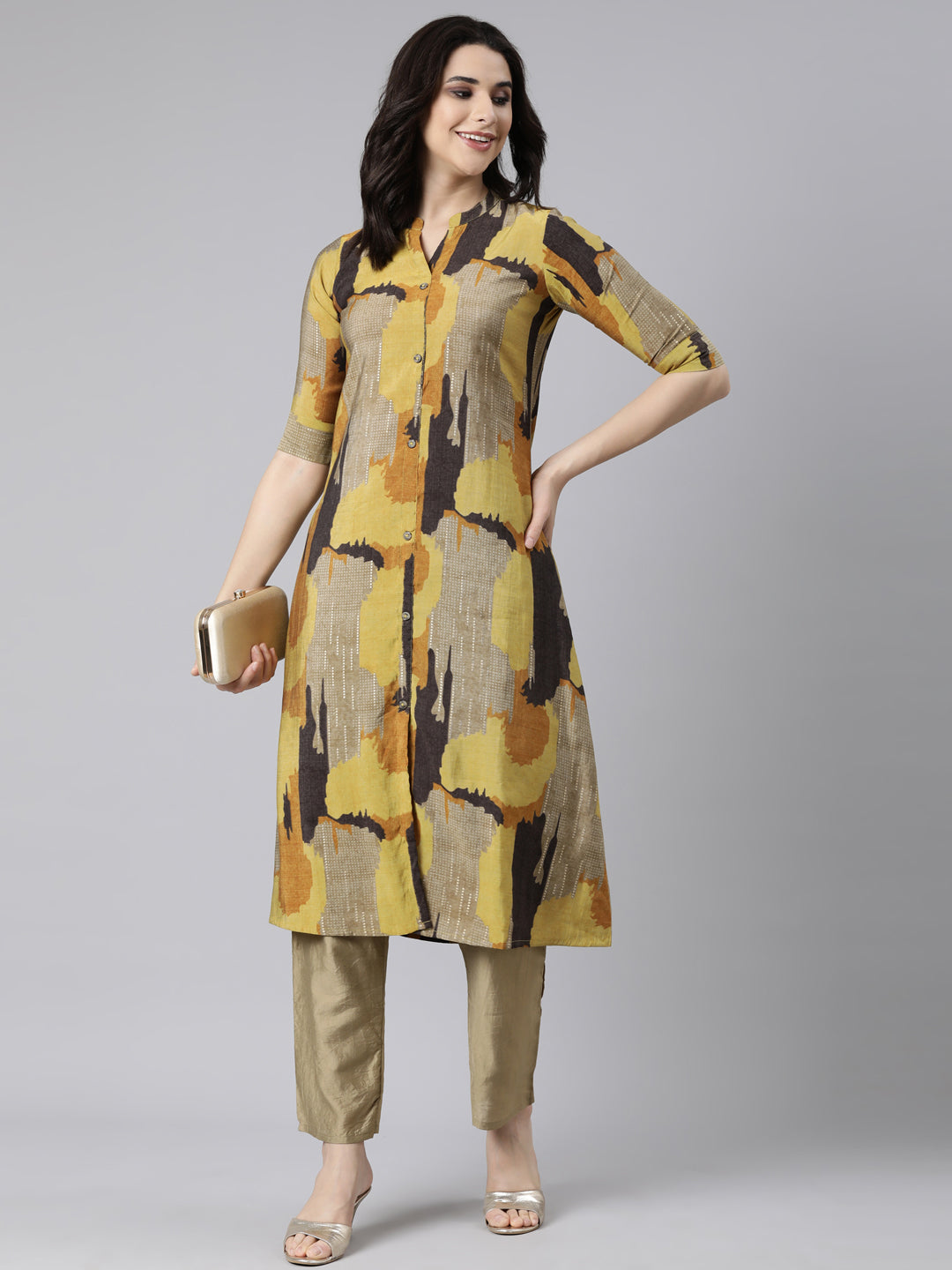 Neerus Mustard Regular Anarkali Colourblocked Kurtas