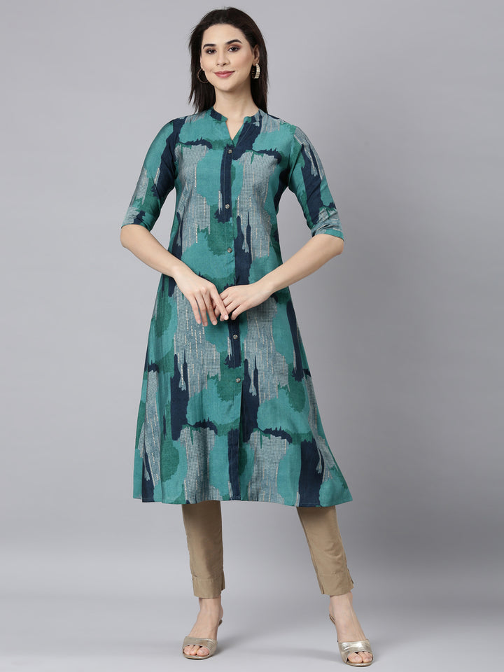 Neerus Blue rayon printed A-line kurti - front view