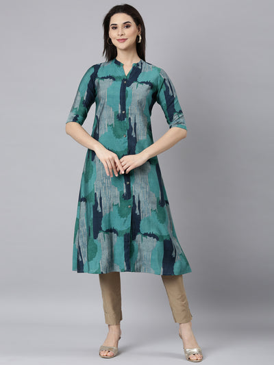 Neerus Blue Regular A-Line Colourblocked Kurtas