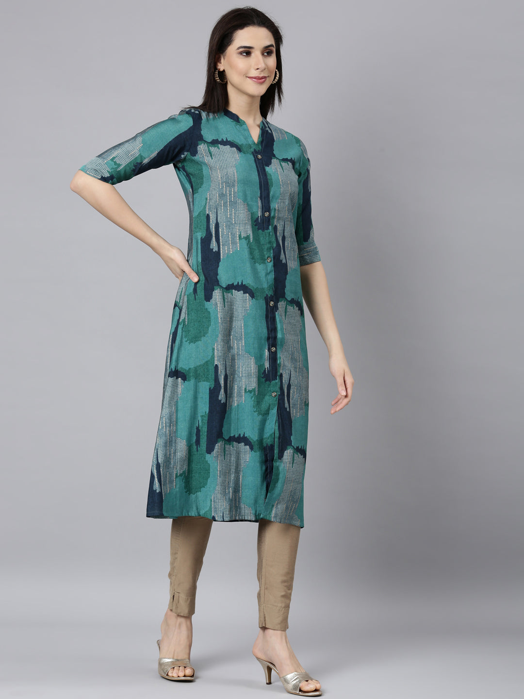 Neerus Blue rayon printed A-line kurti - back view