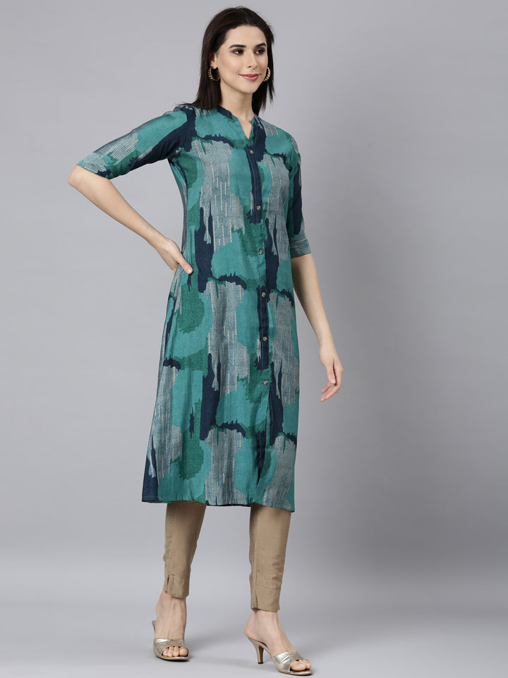 Neerus Blue rayon printed A-line kurti - back view