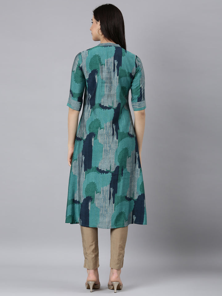 Neerus Blue rayon printed A-line kurti - side view