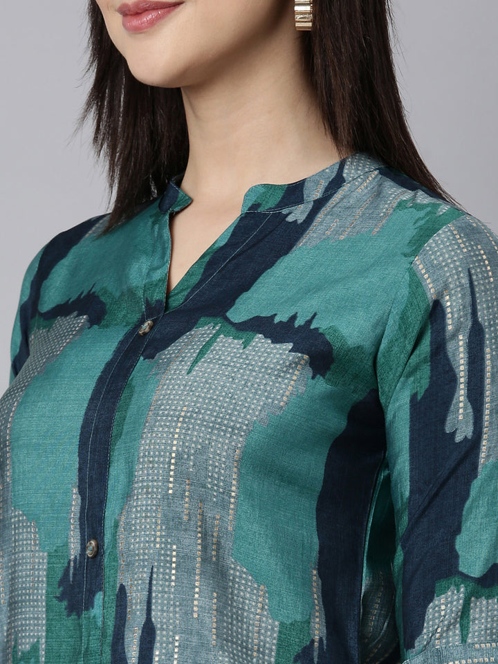 Neerus Blue rayon printed A-line kurti - detail view 1