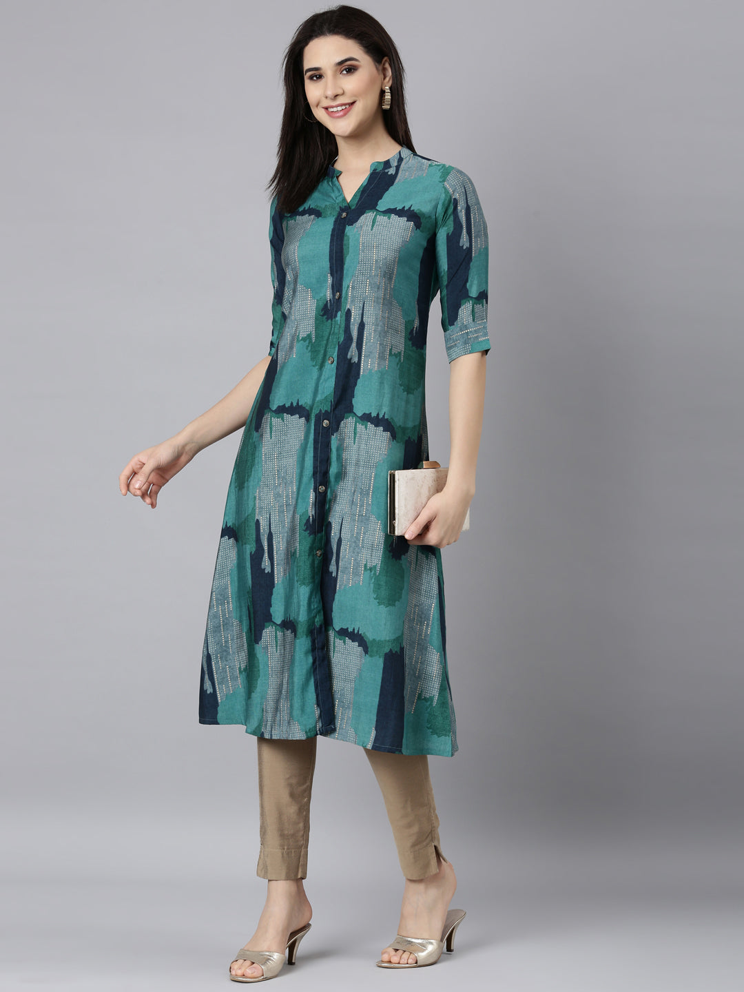 Neerus Blue rayon printed A-line kurti - detail view 2