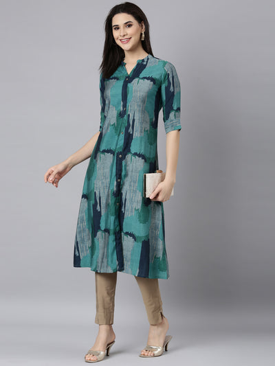 Neerus Blue Regular A-Line Colourblocked Kurtas