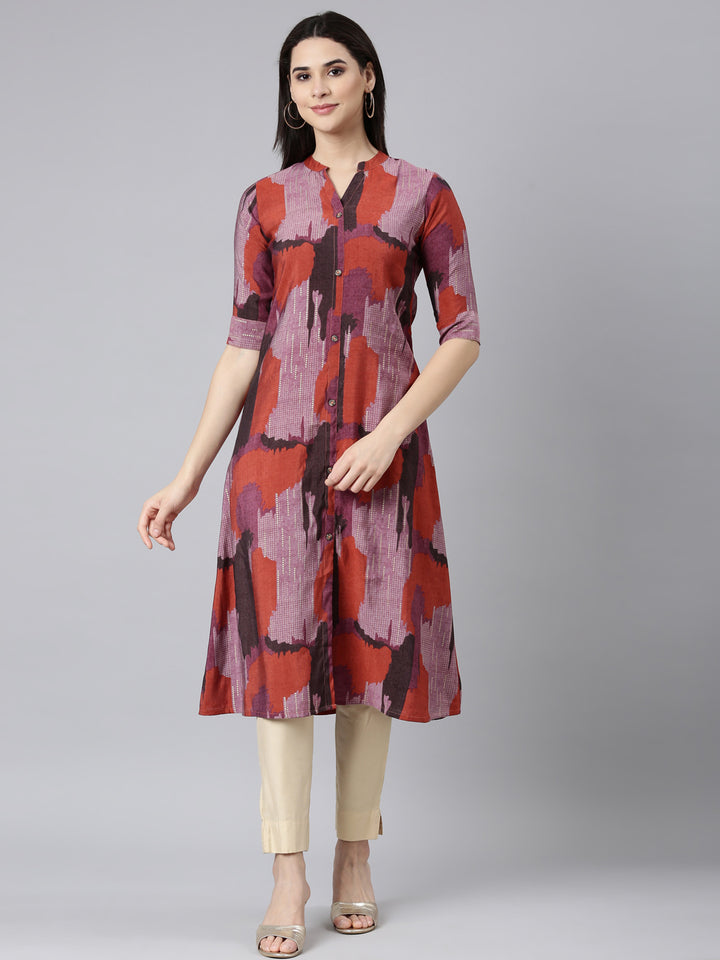 Neerus Orange rayon printed A-line kurti - front view