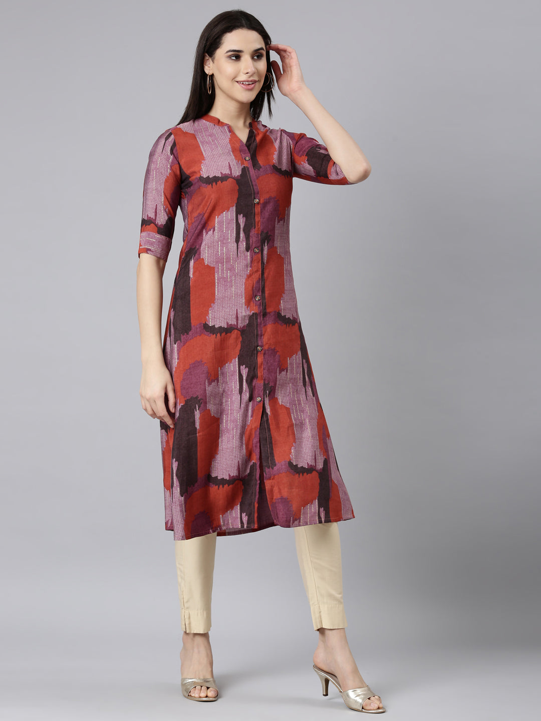 Neerus Rust Regular A-Line Colourblocked Kurtas
