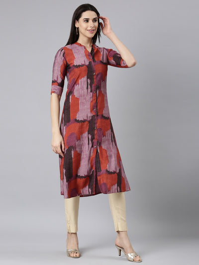 Neerus Rust Regular A-Line Colourblocked Kurtas