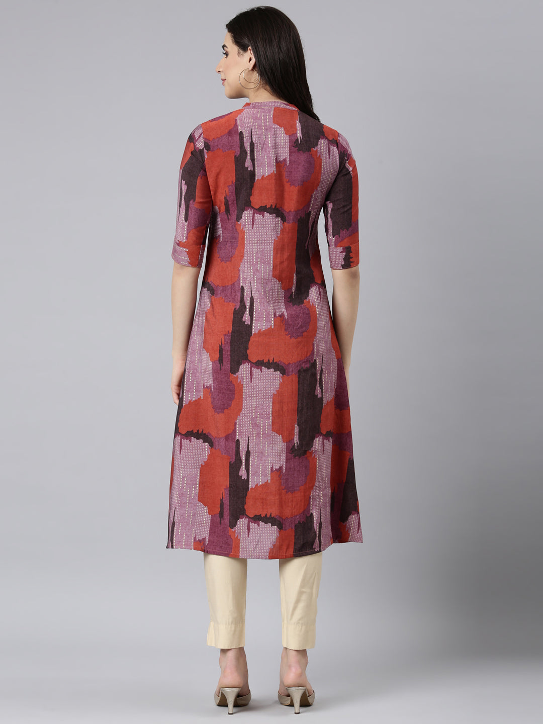 Neerus Orange rayon printed A-line kurti - side view