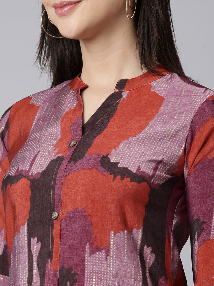 Neerus Orange rayon printed A-line kurti - detail view 1