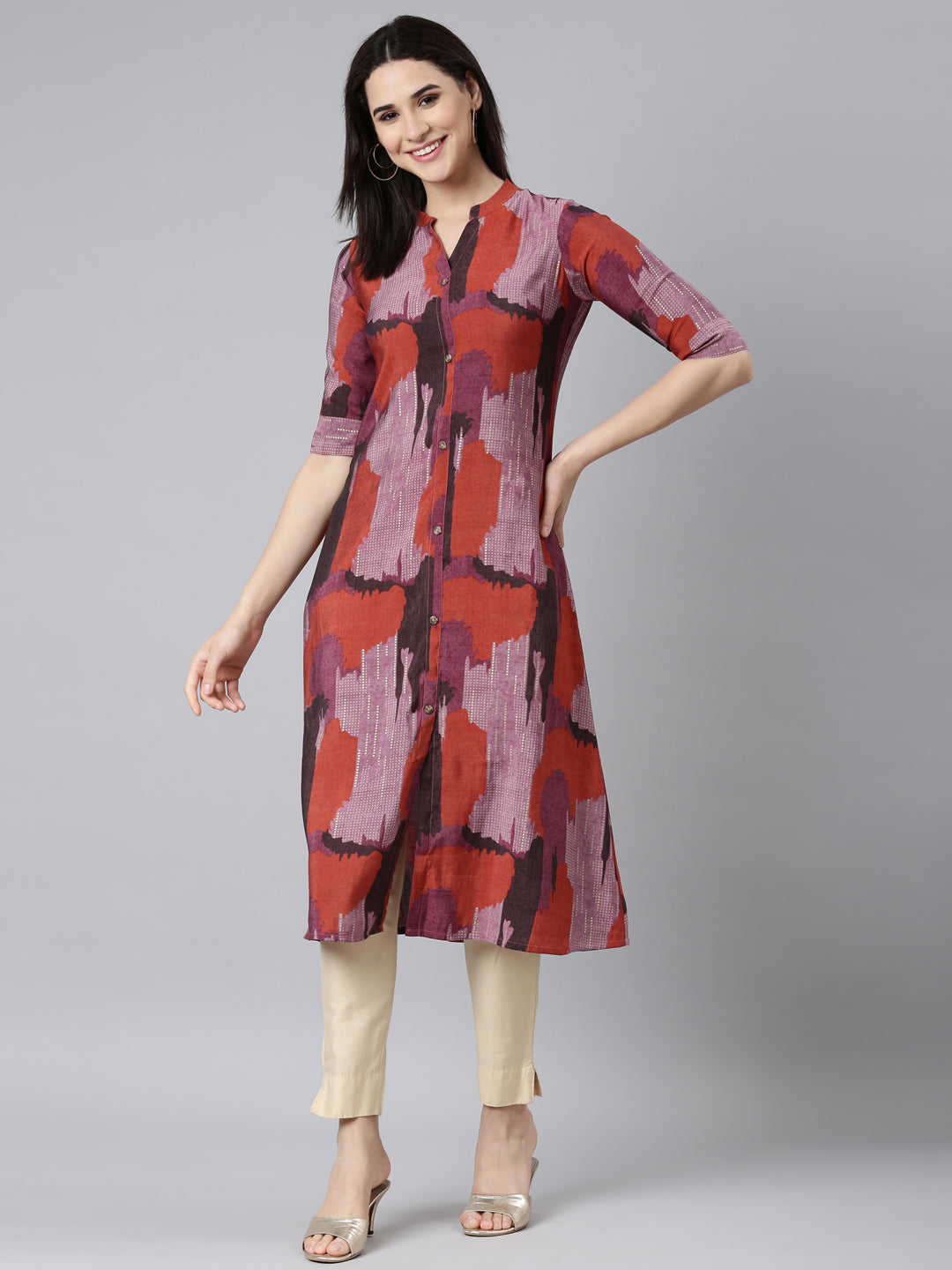 Neerus Orange rayon printed A-line kurti - detail view 2